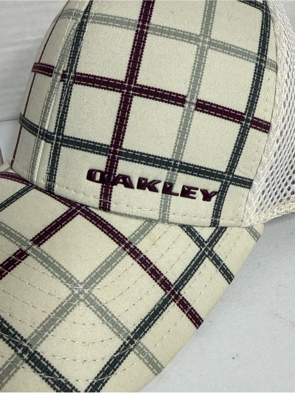 Oakley Beige Plaid Trucker Hat with Maroon & Dark Green Accents